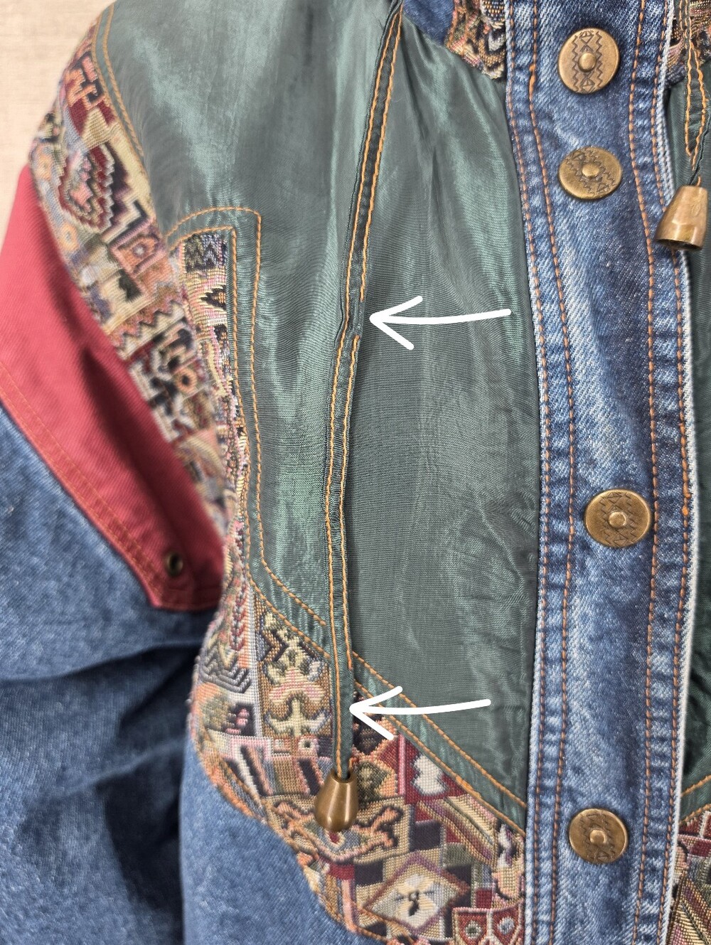 Vintage Denim Blue Jean Oversized Jacket Aztec Tapestry Corduroy Patchwork - Picture 9 of 14